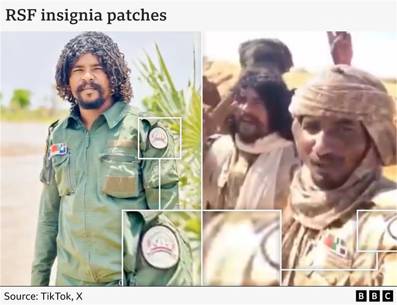 A BBC graphic highlighting the RSF logo on the arm of a fighter filmed amid a group of dead bodies.