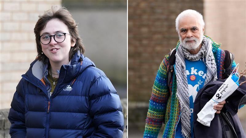 Niamh Lynch and Rajan Naidu walking into court. Natalie is wearing a blue jacket and Rajan is wearing a multi-coloured cardigan and a scarf.