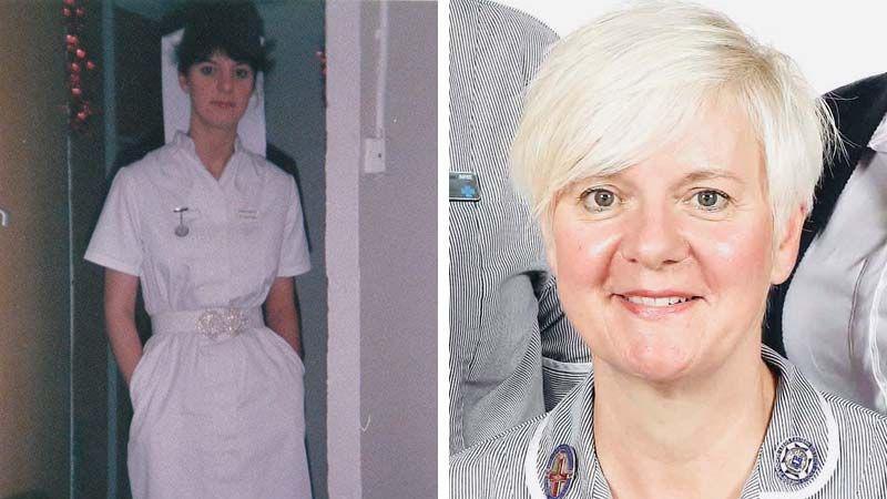 Side-by-side images of Carolyn. On the left, she is 18 years old and has brown hair that is tied up with a fringe. She is wearing a blue dress with a belt. On the right, she has short blonde hair and is wearing a black and white striped shirt with badges on the collar