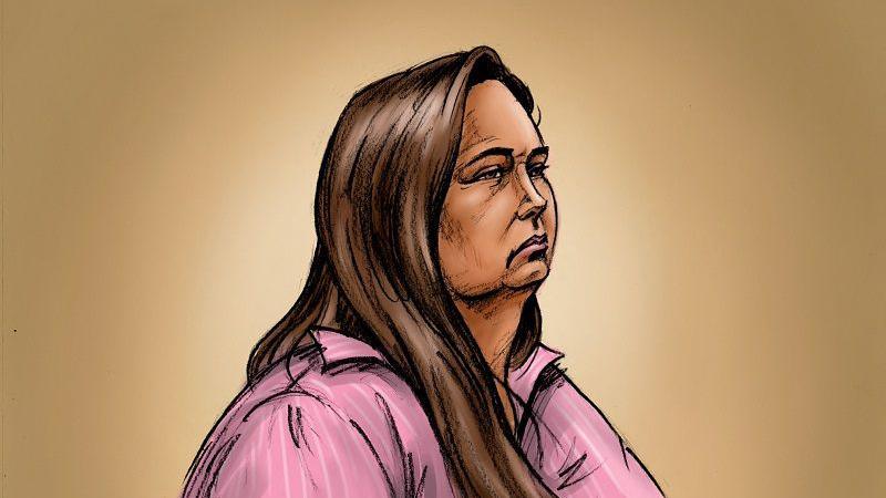 A sketch of Erin Patterson with a glum look. She has long brown hair and is wearing a pink shirt with white stripes.