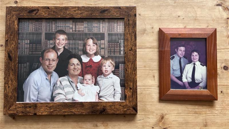 Two family photos of Madge and Ed Ryan, showing a family portrait, of four children and two adults and a photo of the couple in their police uniform.
