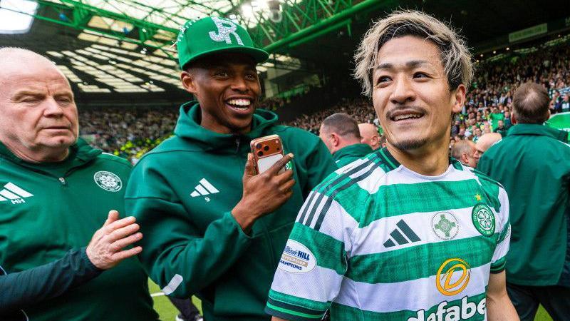 Celtic's Daizen Maeda celebrates last season's title win