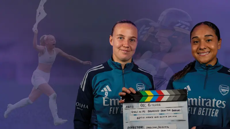 Female sportsters hold a clapper board against a background of a female athlete celebrating a win.