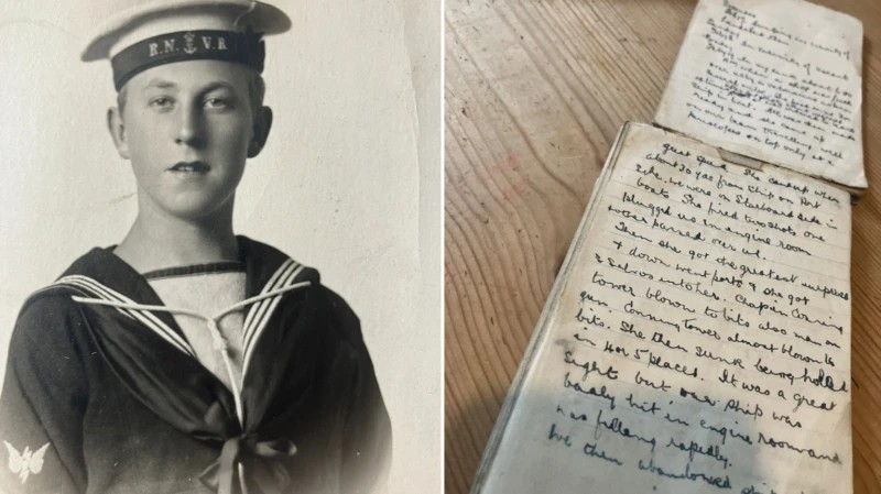 A montage of two photos. On the left is a black and white photo of a young James Simpson in naval uniform including a hat embroidered with the letters RNVR. On the right are two pages of James Simpson's diary laid out on a wooden table which show black-inked handwriting on white lightly-lined paper.