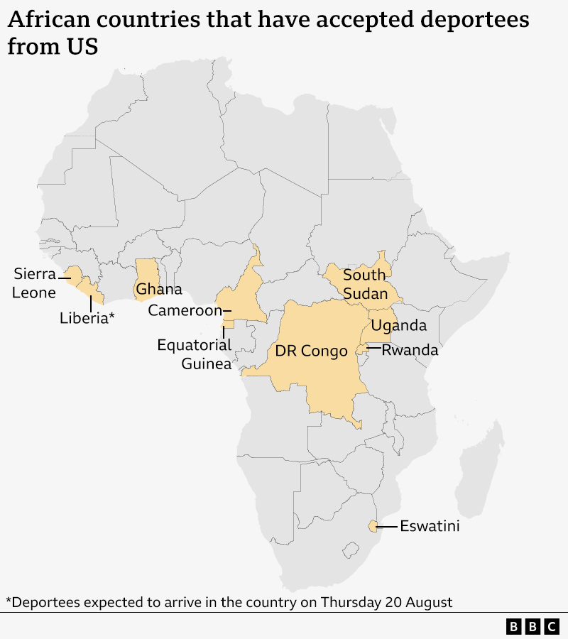 A map of Africa showing the countries on the continent that have accepted deportees from the US