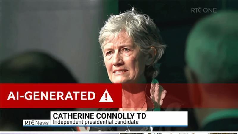 Catherine Connolly is pictured in a fake video. She has short grey hair. The heads of two other people are visible. There is a red warning label on the photo that reads AI generated. There is also a news box with her name and description. It is labelled as RTE news.