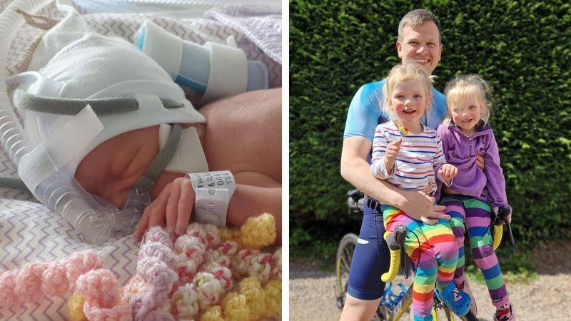 A baby in a neonatal unit, and Anthony with his twin daughters