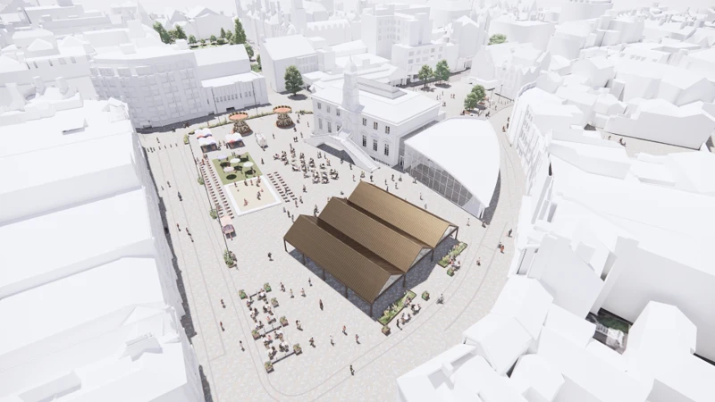 An artist impression of the new look market proposal, with a small market on part of the site and some sort of event taking place nearby