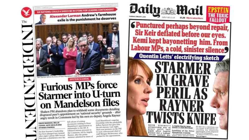 'U-turn on Mandelson files' and 'Starmer in grave peril'