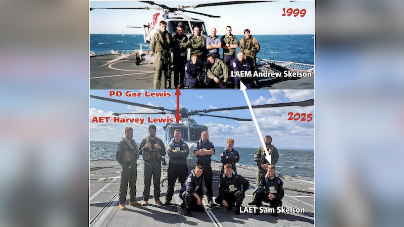 A before and after picture. On the top, in slightly grainier quality, is a row of nine men all stood in front of a Lynx helicopter, with arrows from two of the men pointing to their sons in the recreated picture below.