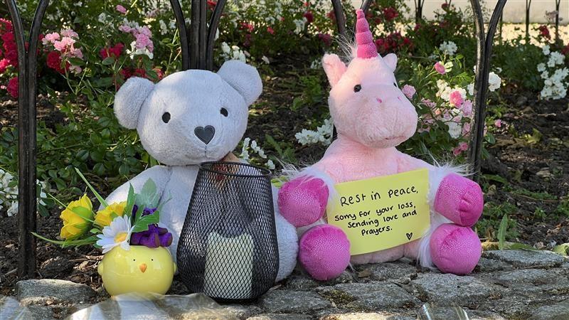 A close up shot of two soft toys propped up against railings with a flower bed behind. There is a white teddy with a heart-shaped nose and a pink unicorn. Next to the teddy is a yellow porcelain pot shaped like a chick with spring flowers in. A sign by the unicorn reads: "Rest in Peace, sorry for your loss, sending love and prayers".