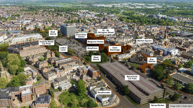 Aerial view of the Greyfriars site, labelling the key landmarks involved