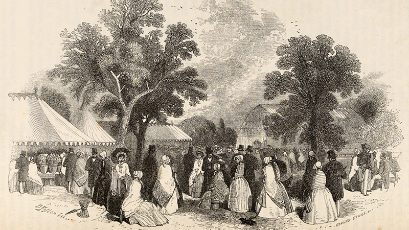 A sketch of the 1827 fete showing women in long dresses, bonnets and shawls over their shoulders and men in suits and top hats. To the left are a number of marquees and in the background there is what looks like a glasshouse. There are also two trees on the left behind the crowds and one on the right, in front of the glasshouse.