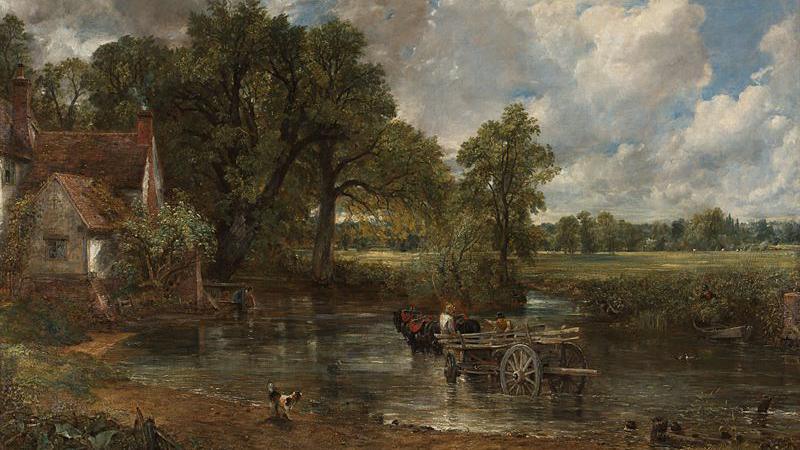 The oil painting depicts an idyllic scene in Flatford, near Dedham, and shows a horse and cart in the River Stour and Willy Lott's cottage on the bank.