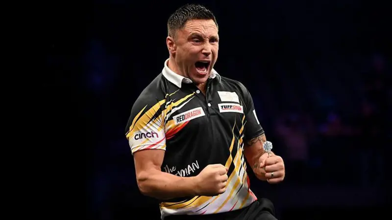 Gerwyn Price celebrates winning night two of the Premier League darts in Antwerp