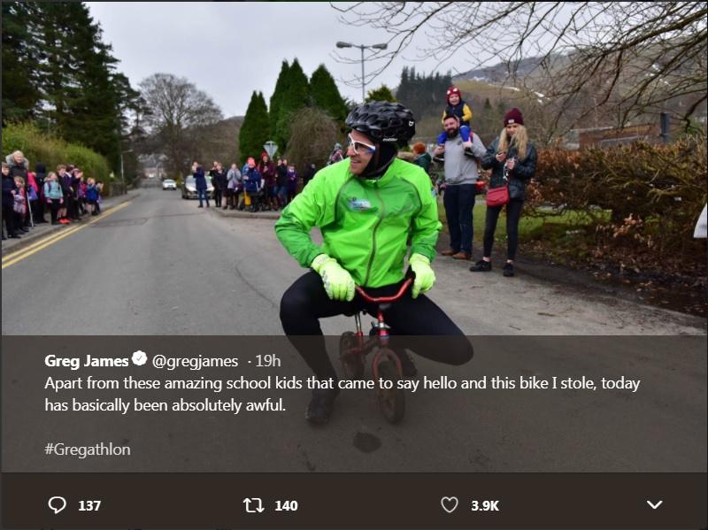 Greg James on a kids bike