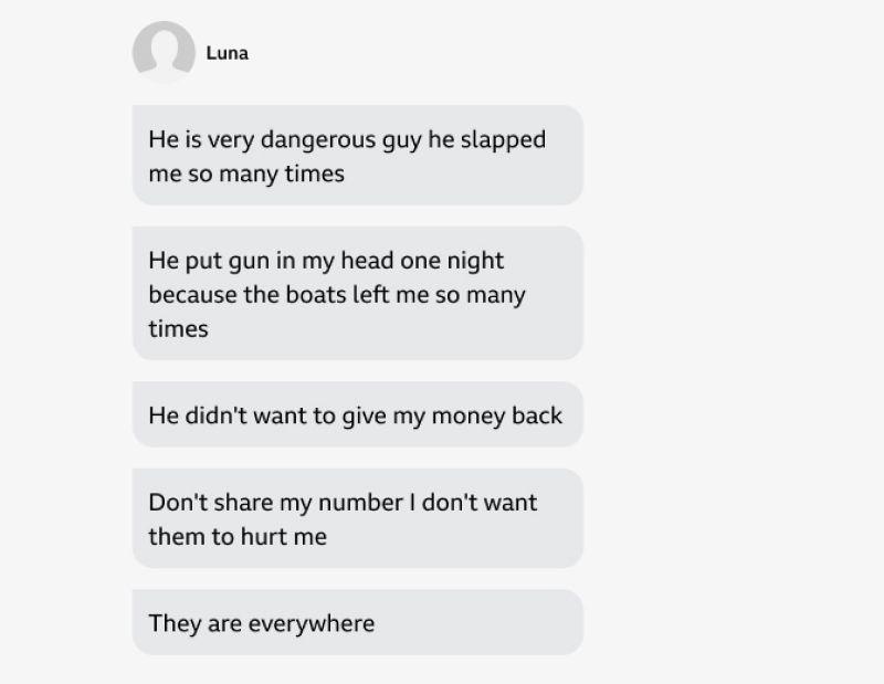 Screenshot of text messages from migrant called Luna describing experiences of abuse and threats. Messages mention being slapped multiple times, having a gun held to her head, being denied a refund, and expressing fear of being harmed. Luna asks not to have her number shared, stating 'They are everywhere.
