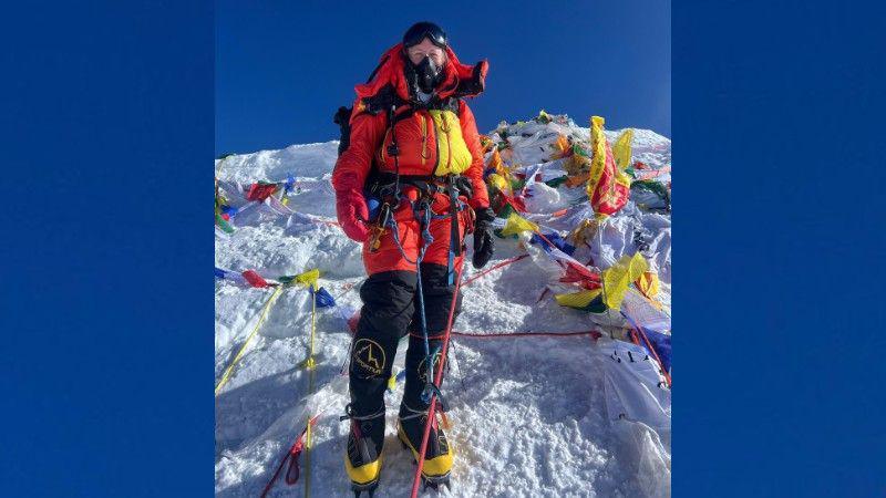 Rowena in full kit with breathing equipment on the summit of Mount Everest