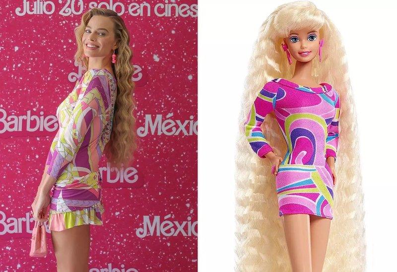 Margot dressed as Barbie, alongside the Barbie doll