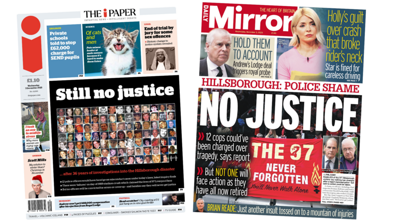 The Papers: 'No justice' over Hillsborough and 'Holly's guilt over crash'
