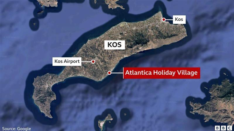 A graphic of a map of the island of Kos. It points to the locations fo the Kos airport and Kos town.