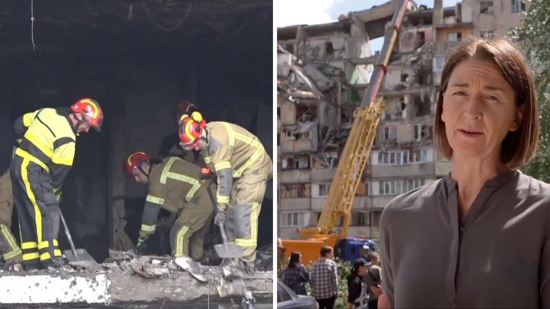 Russian attack leaves gaping hole in Kyiv residential building