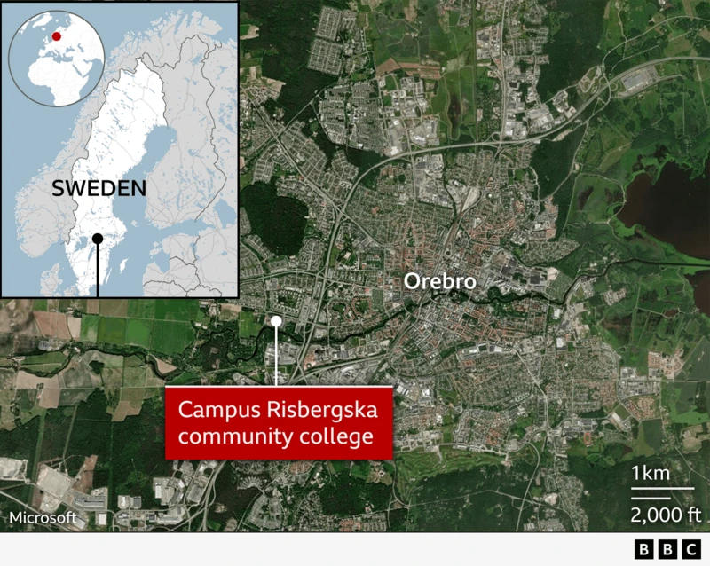 A locator map of the region shows Orebro, which is in the southern part of Sweden, and within the context of the city, shows where the shooting took place - at the Campus Risbergska, a community college.