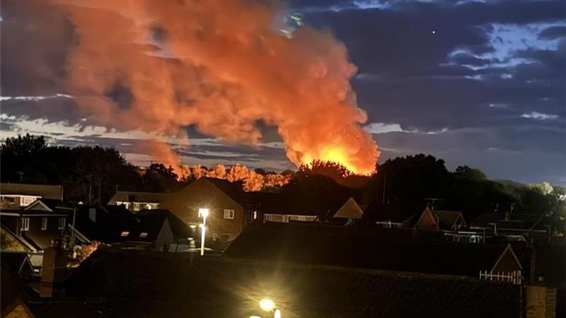 A suburban skyline at night. Flames can be seen shooting up above a line of trees.