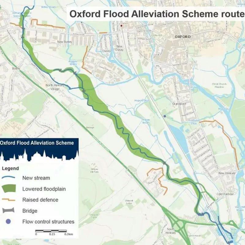 A map of where the Oxford Flood Alleviation Scheme is designed to work, showing the natural floodplain to the west of Oxford