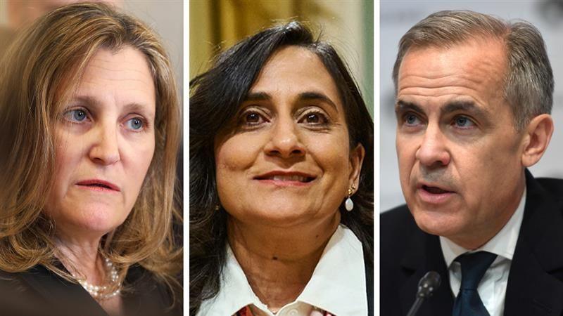 Composite of three headshots. From left to right - Chrystia Freeland, Anita Anand and Mark Carney