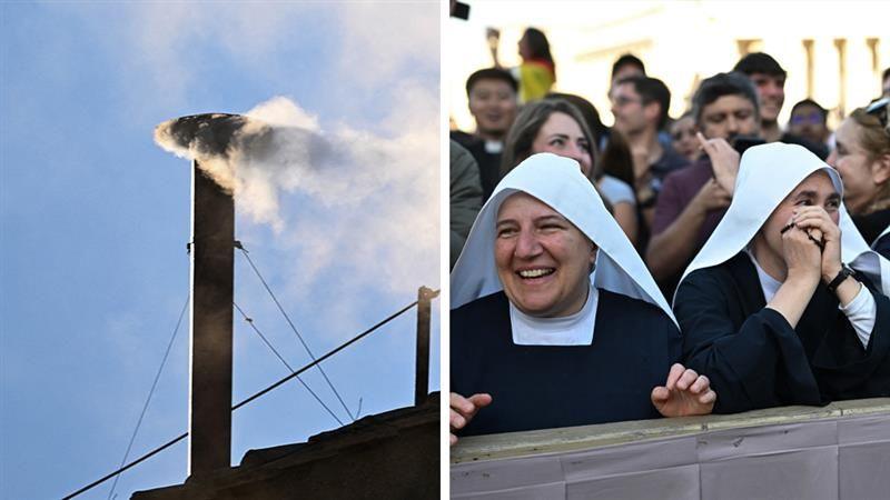 A composite of white smoke and happy nuns