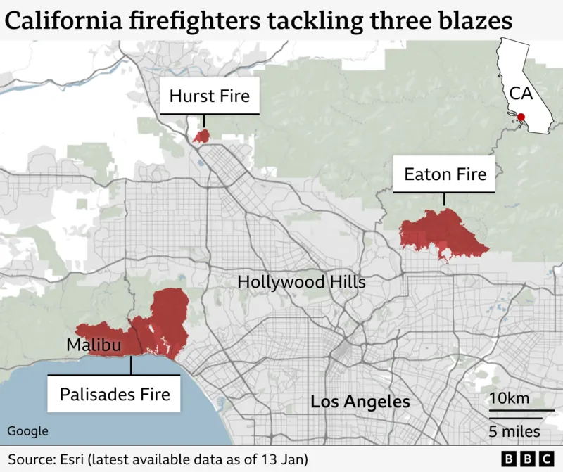 A map showing the Palisades, Eaton and Hurst fires 