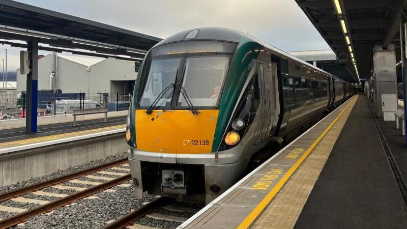 A green and yellow train parked along the platform. 