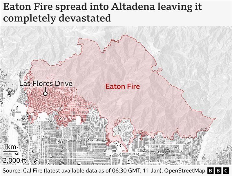 A graphic showing the Eaton fire in relation to Altadena