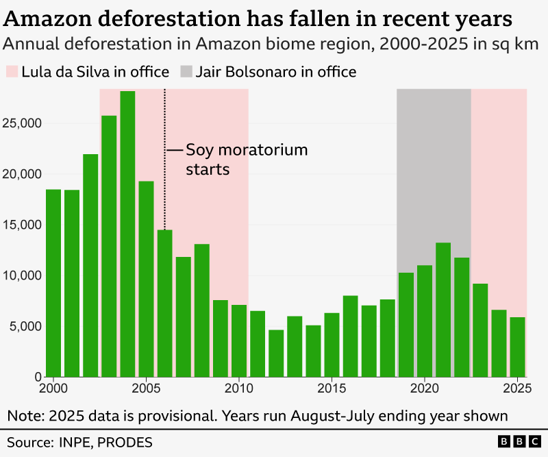 A bar graph shows that deforestation in the Amazon biome region has fallen since 2021. It also shows that deforestation peaked in 2004, then came down during 2005 and 2010 when Lula da Silva was in office for his first first and second terms. From 2013, deforestation started top to increase and continued into 2019-22 when Jair Bolsonaro was in office.
