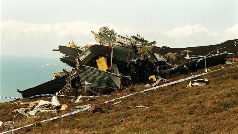 Wreckage of a Chinook helicopter which had been travelling from RAF Aldergrove in Northern Ireland, to Fort George near Inverness. The aircraft crashed on the Mull of Kintyre in 1994.