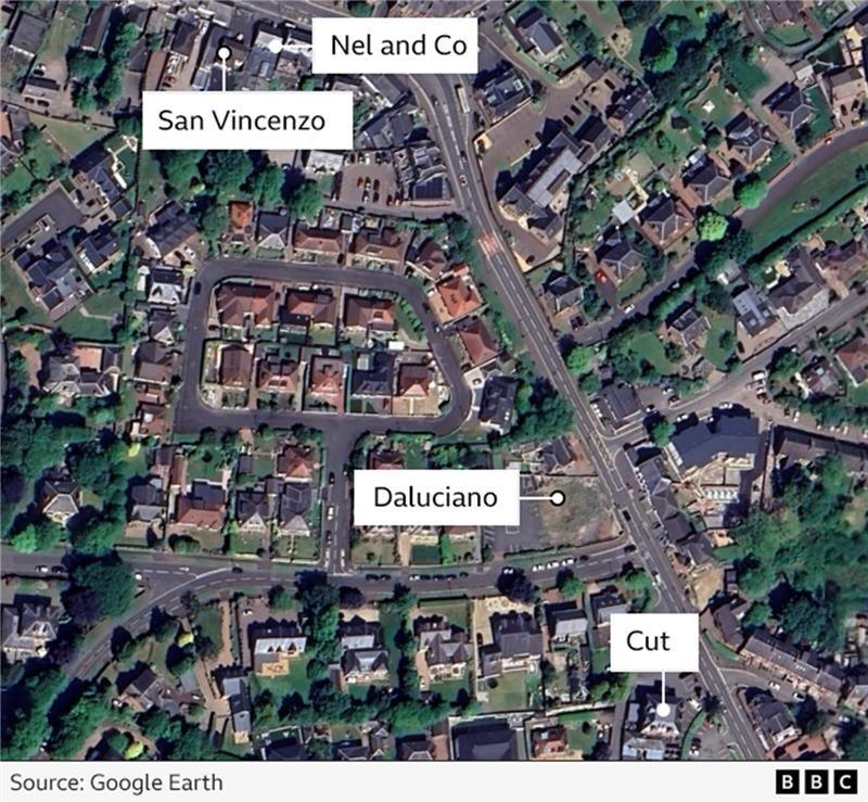 An aerial map of Bothwell highlighting four locations where firebombings have taken place