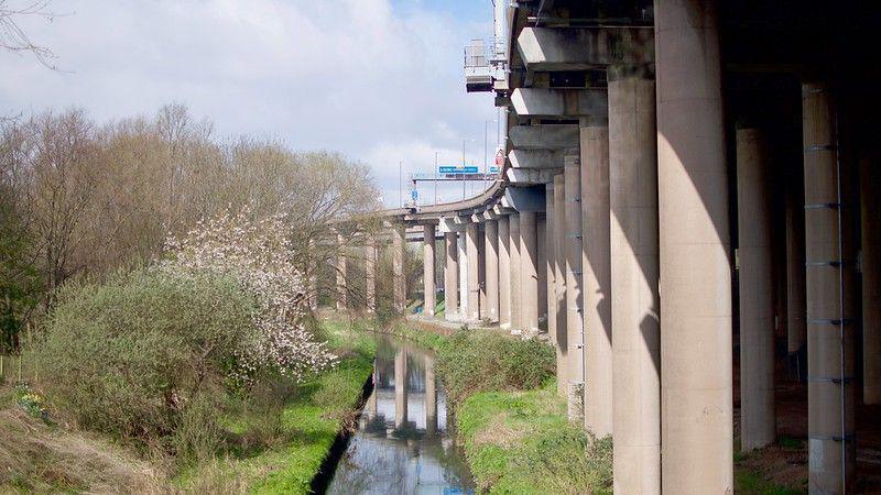 The large concrete supports underneath Spaghetti Junction. A canal flows underneath and there are trees nearby. 