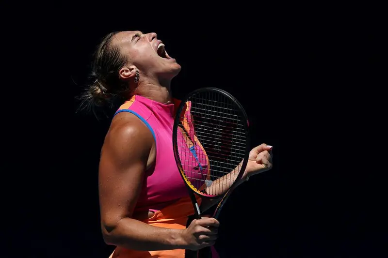 Aryna Sabalenka roars with delight after winning the first set of her third-round match against Anastasia Potapova at the Australian Open. Photo by Clive Brunskill