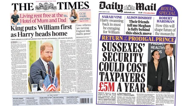 Newspaper review: 'King puts William first' and Harry security could cost public '£5m a year'