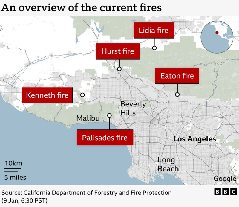 A map shows where the current fires are around the city of Los Angeles, which is in southern California. 