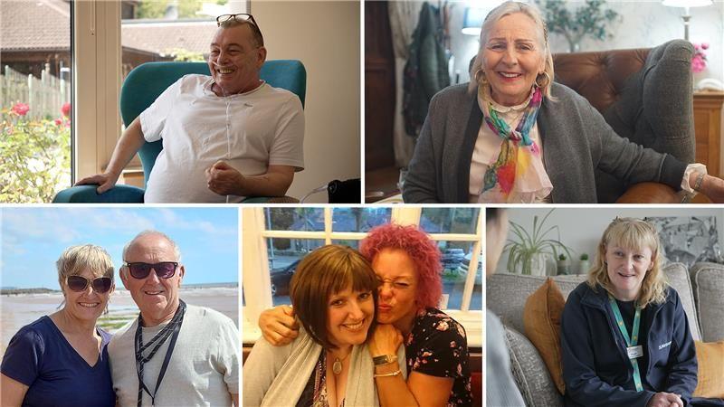 A collection of photographs showing patients, supporters and staff at the hospice. One shows a man sitting on a green chair, another has a woman on an armchair smiling. There is also an image of two women hugging and smiling and another one of a couple near the sea.