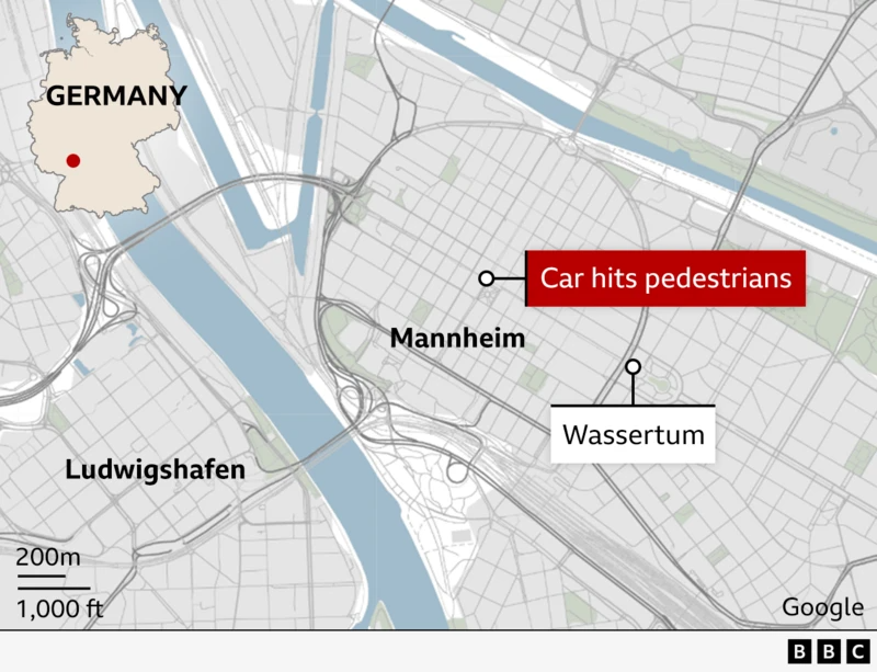 Map showing Mannheim, where a ring road encases the city centre, and in the very centre of that, a red tag shows where the car hit pedestrians