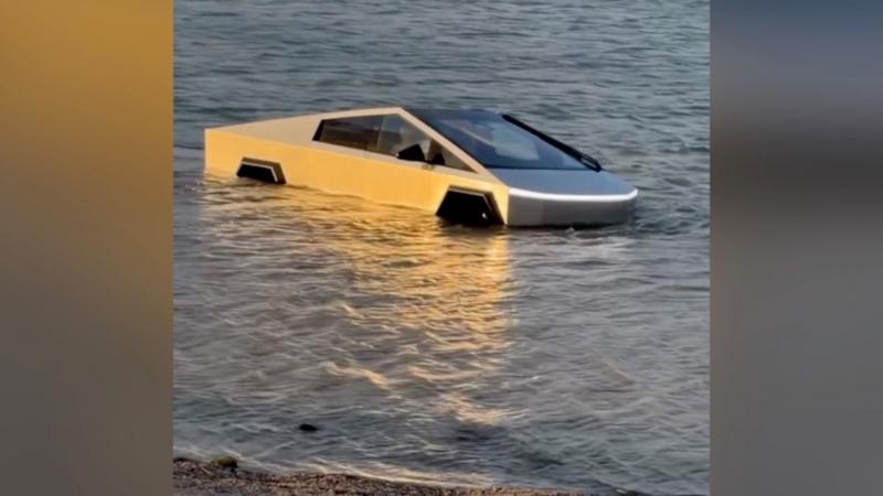 Moment Cybertruck driver intentionally drives into Texas lake