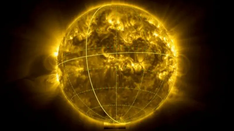 Kompjuterski generisane slike Sunca sa paralelama i meridijanima preko njega