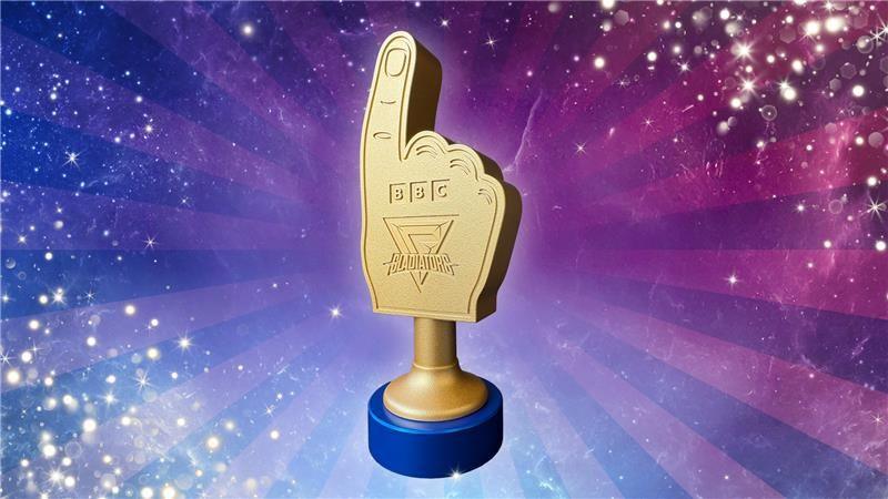 Photo of the Glad of Honour Award trophy, looking like a gold foam finger.