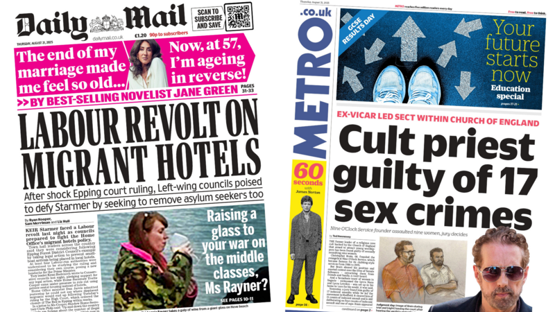 'Labour revolt on migrant hotels' and 'cult priest guilty'