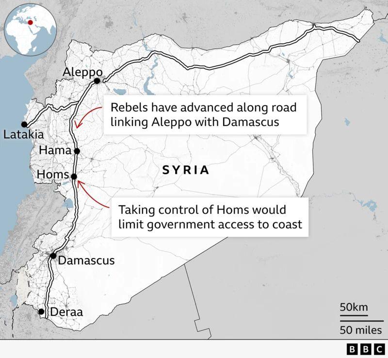 A map of Syria showing the main road connecting Aleppo, Homs and Damascus and explaining the rebel advance