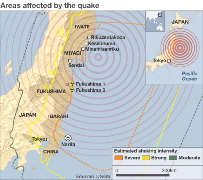 Map showing the areas affected by the 2011 earthquake