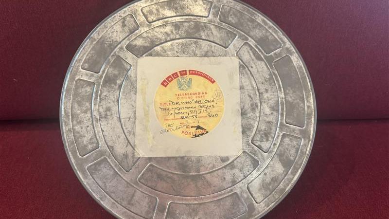 A circular film reel tin with a vintage BBC TV Enterprises label. It says 'Telerecording cutting copy' and has handwritten details on the label.